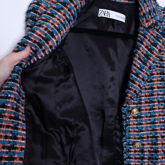 ZARA Tweed Textured Fitted Blazer Multicolor Frayed Trim Gold Button Women's XS - Picture 12 of 14